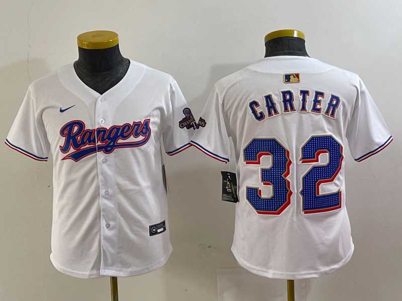 Youth Texas Rangers #32 Evan Carter White 2024 Gold Collection Limited Cool Base Jersey,We sell and wholesale Youth Texas Rangers #32 Evan Carter White 2024 Gold Collection Limited Cool Base Jersey on line form chian!
